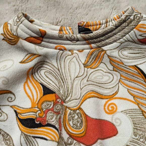 Vintage French 70s Psychedelic Floral Mock Turtleneck Front Slit Tunic Top Sz XS - Picture 4 of 12